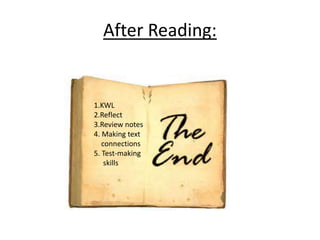 After Reading: 
1.KWL 
2.Reflect 
3.Review notes 
4. Making text 
connections 
5. Test-making 
skills 
 