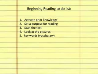 Beginning Reading to do list: 
1. Activate prior knowledge 
2. Set a purpose for reading 
3. Scan the text 
4. Look at the pictures 
5. key words (vocabulary) 
 