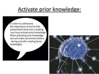Activate prior knowledge: 
In order to understand 
the importance of and to fully 
comprehend what one is reading, 
one must activate prior knowledge. 
When activating prior knowledge 
one will make connections before, 
during and after reading (prior 
knowledge). 
 