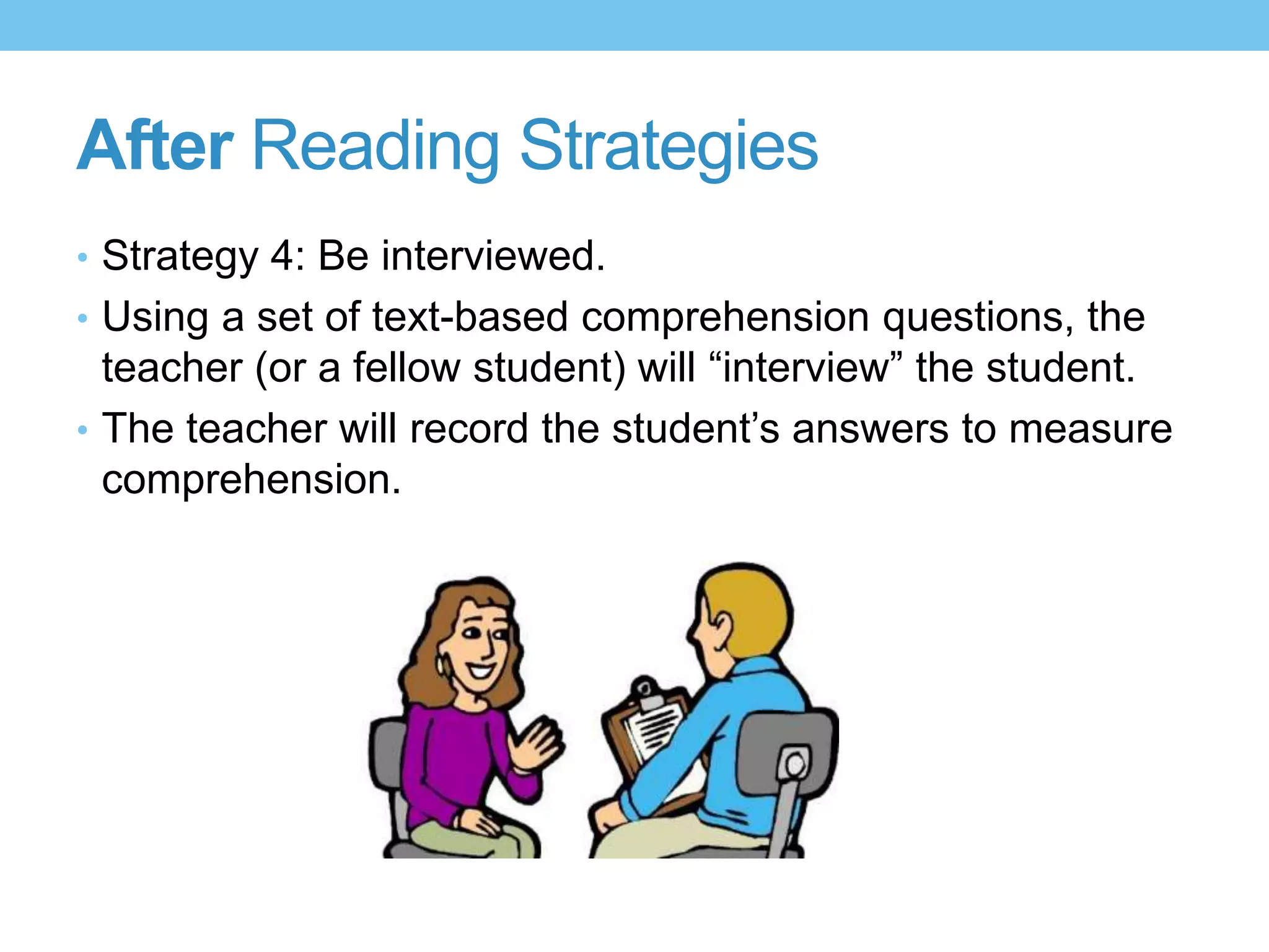 After Reading Strategies
• Strategy 4: Be interviewed.
• Using a set of text-based comprehension questions, the
teacher (or a fellow student) will “interview” the student.
• The teacher will record the student’s answers to measure
comprehension.
 