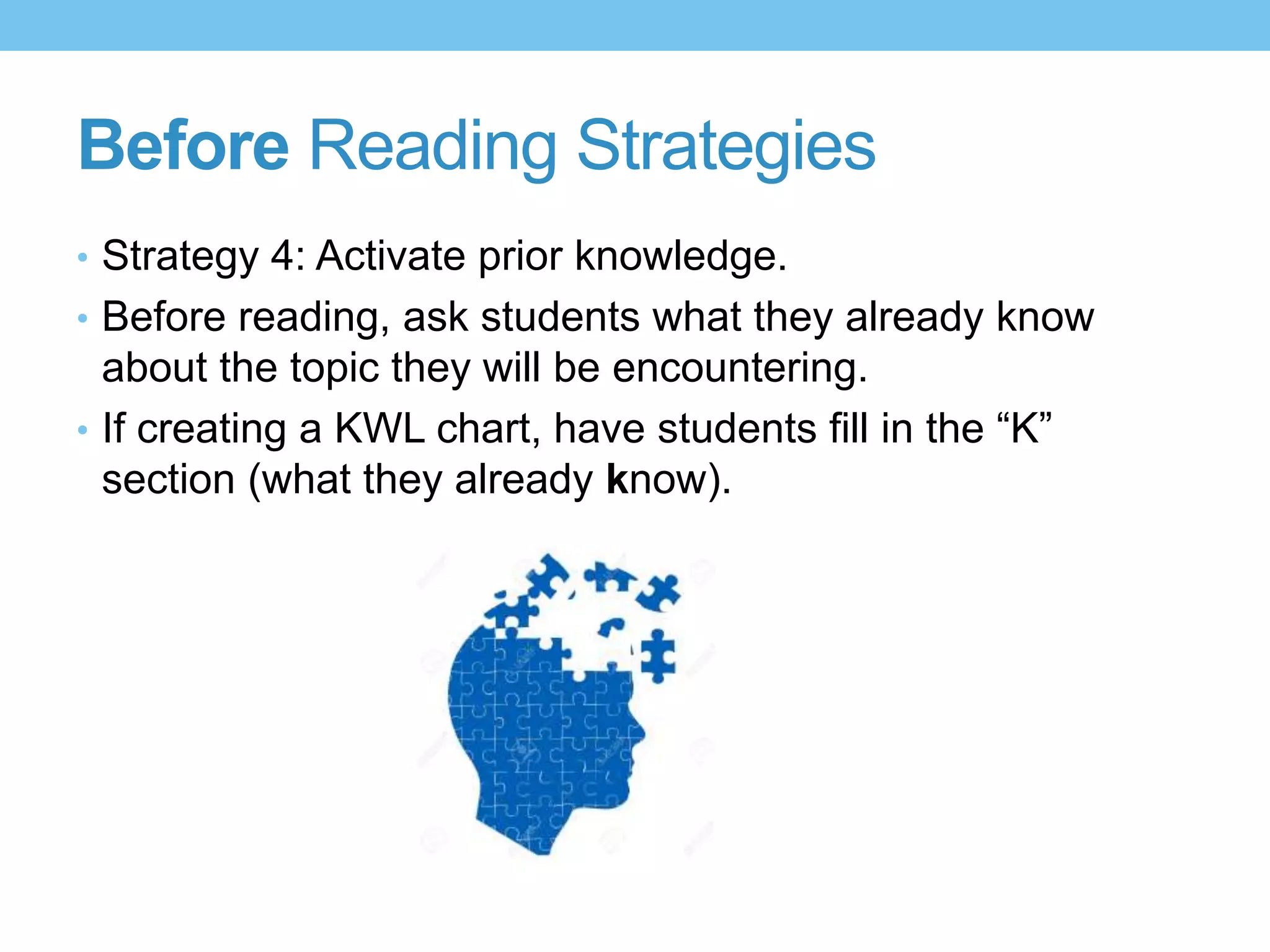 Before Reading Strategies
• Strategy 4: Activate prior knowledge.
• Before reading, ask students what they already know
about the topic they will be encountering.
• If creating a KWL chart, have students fill in the “K”
section (what they already know).
 