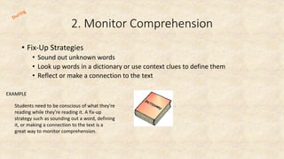 2. Monitor Comprehension
• Fix-Up Strategies
• Sound out unknown words
• Look up words in a dictionary or use context clues to define them
• Reflect or make a connection to the text
EXAMPLE
Students need to be conscious of what they're
reading while they're reading it. A fix-up
strategy such as sounding out a word, defining
it, or making a connection to the text is a
great way to monitor comprehension.
 