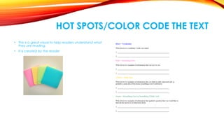 HOT SPOTS/COLOR CODE THE TEXT
• This is a great visual to help readers understand what
they are reading.
• It is created by the reader
 