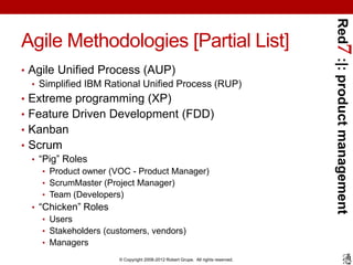 Red7 :|: product management
Agile Methodologies [Partial List]
• Agile Unified Process (AUP)
  • Simplified IBM Rational U...