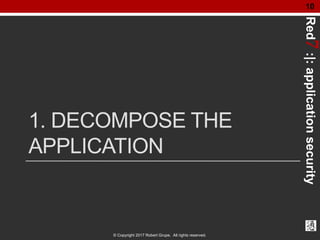 Red7:|:applicationsecurity
© Copyright 2017 Robert Grupe. All rights reserved.
10
1. DECOMPOSE THE
APPLICATION
 
