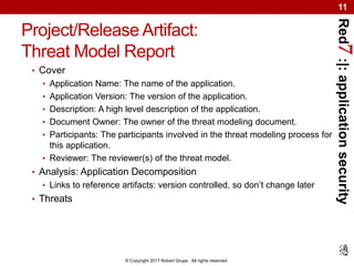 Red7:|:applicationsecurity
© Copyright 2017 Robert Grupe. All rights reserved.
11
Project/Release Artifact:
Threat Model Report
• Cover
• Application Name: The name of the application.
• Application Version: The version of the application.
• Description: A high level description of the application.
• Document Owner: The owner of the threat modeling document.
• Participants: The participants involved in the threat modeling process for
this application.
• Reviewer: The reviewer(s) of the threat model.
• Analysis: Application Decomposition
• Links to reference artifacts: version controlled, so don’t change later
• Threats
 