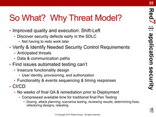 Red7:|:applicationsecurity
© Copyright 2017 Robert Grupe. All rights reserved.
35
So What? Why Threat Model?
• Improved quality and execution: Shift-Left
• Discover security defects early in the SDLC
• Not having to redo work later
• Verify & Identify Needed Security Control Requirements
• Anticipated threats
• Data & communication paths
• Find issues automated testing can’t
• Insecure functionality design
• User identity, provisioning, and authorization
• Functionality & events sequencing & timing responses
• CI/CD
• No weeks of final QA & remediation prior to Deployment
• Compressed available time for traditional final Pen Testing
• Doxing, attack planning, scenarios testing, reviewing results, determining fixes,
refactoring designs, retesting
 