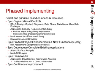 Red7:|:applicationsecurity
© Copyright 2017 Robert Grupe. All rights reserved.
39
Phased Implementing
Select and prioritize based on needs & resources...
• Epic Organizational Controls
• SDLC Design: Context Diagrams, Data Flows, Data Maps, User Role
Privileges
• Application Security Requirements Library
• Policies: Legal & Regulatory requirements
• Standards: Best practice implementation details
• Malicious Actors/Personas Library
• Risk Assessment Checklist
• Epic Product/Project Enhancements & New Functionality (only)
• Risk Assessments using Malicious Personas
• Epic Decompose Complete Existing Applications
• Attack Surface Analysis
• Multi-OSI Layers
• Epic Frameworks
• Application Development Framework Analysis
• Trusted Baseline: API’s, CDN’s, Data Stores
• Epic Continuous Improvement
 