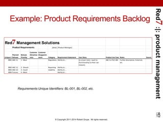 Red7 :|: product management 
Example: Product Requirements Backlog 
Red7 Management Solutions 
Product Requirements [date]...