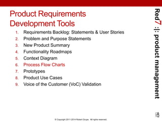Red7 :|: product management 
Product Requirements 
Development Tools 
1. Requirements Backlog: Statements & User Stories 
...