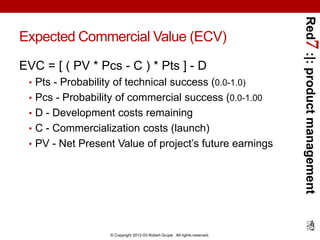 Red7 :|: product management
Expected Commercial Value (ECV)
EVC = [ ( PV * Pcs - C ) * Pts ] - D
 • Pts - Probability of t...