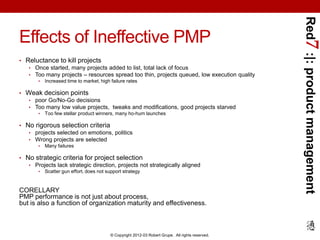 Red7 :|: product management
Effects of Ineffective PMP
• Reluctance to kill projects
   • Once started, many projects adde...