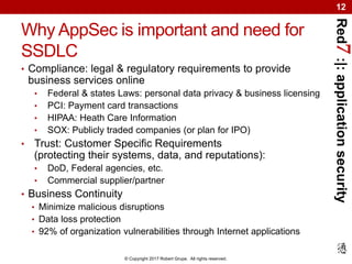 Red7:|:applicationsecurity
© Copyright 2017 Robert Grupe. All rights reserved.
12
Why AppSec is important and need for
SSDLC
• Compliance: legal & regulatory requirements to provide
business services online
• Federal & states Laws: personal data privacy & business licensing
• PCI: Payment card transactions
• HIPAA: Heath Care Information
• SOX: Publicly traded companies (or plan for IPO)
• Trust: Customer Specific Requirements
(protecting their systems, data, and reputations):
• DoD, Federal agencies, etc.
• Commercial supplier/partner
• Business Continuity
• Minimize malicious disruptions
• Data loss protection
• 92% of organization vulnerabilities through Internet applications
 