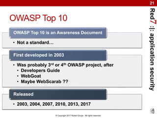 Red7:|:applicationsecurity
© Copyright 2017 Robert Grupe. All rights reserved.
21
OWASP Top 10
• Not a standard…
OWASP Top...