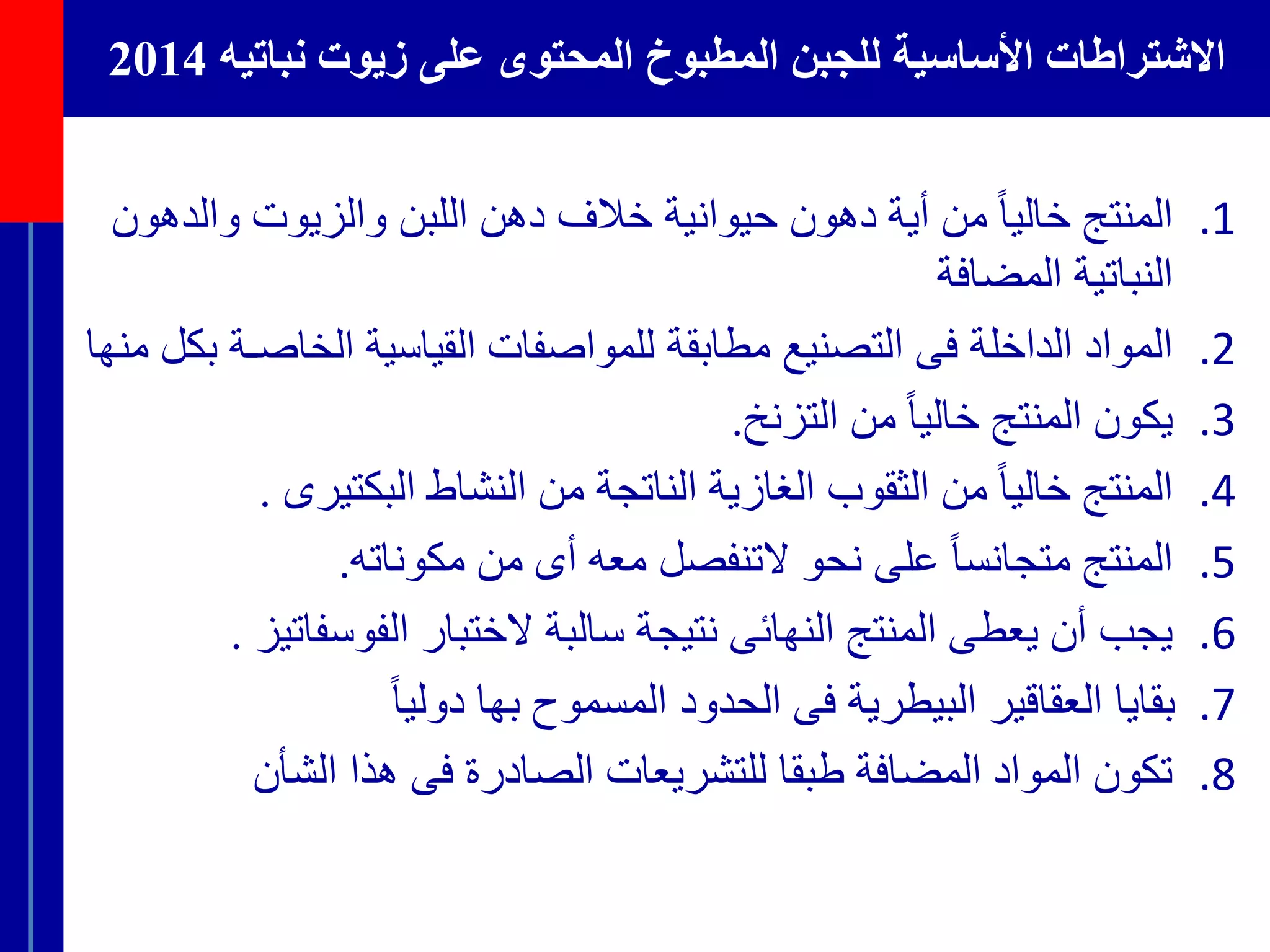 ‫األساسية‬ ‫االشتراطات‬‫نباتيه‬ ‫زيوت‬ ‫على‬ ‫المحتوى‬ ‫المطبوخ‬ ‫للجبن‬2014
.1‫ًمنًأيةًدهونًحيوانيةًخالفًدهنًاللبنًوالزيوتًوال‬‫المنتجًخاليا‬ً‫دهون‬
‫النباتيةًالمضافة‬
.2ً‫الموادًالداخلةًفىًالتصنيعًمطابقة‬‫للمواصفاتًالقياسيةًالخاص‬‫ـة‬‫بكلًمنها‬
.3‫ًمنًالتزنخ‬‫يكونًالمنتجًخاليا‬.
.4‫ًمنًالثقوبًالغازيةًالناتجةًمنًالنشاطًالبكتيرى‬‫المنتجًخاليا‬.
.5‫ًعلىًنحوًالتنفصلًمعهًأىًمنًمكوناته‬‫المنتجًمتجانسا‬.
.6‫يجبًأنًيعطىًالمنتجًالنهائىًنتيجةًسالبةًالختبارًالفوسفا‬ً‫تيز‬.
.7ً‫بقاياًالعقاقيرًالبيطريةًفىًالحدودًالمسموحًبهاًدوليا‬
.8‫تكونًالموادًالمضافةًطبقاًللتشريعاتًالصادرةًفىًهذاًالشأن‬
 