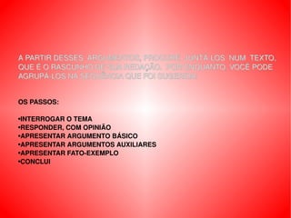 A PARTIR DESSES  ARGUMENTOS, PROCURE  JUNTÁ-LOS  NUM  TEXTO, QUE É O RASCUNHO DE SUA REDAÇÃO.  POR ENQUANTO, VOCÊ PODE  AGRUPÁ-LOS NA SEQUÊNCIA QUE FOI SUGERIDA: OS PASSOS: INTERROGAR O TEMA RESPONDER, COM OPINIÃO APRESENTAR ARGUMENTO BÁSICO APRESENTAR ARGUMENTOS AUXILIARES APRESENTAR FATO-EXEMPLO CONCLUI 