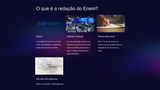 O que é a redação do Enem?
Enem
A redação do Enem é um dos
mais importantes e exigentes
testes de escrita do Brasil.
Gênero Textual
É uma produção textual que
desafia os alunos a escrever
sobre um tema específico e
atual. Gênero dissertativo-
argumentativo
Tempo de prova
São 5 horas de prova e o
mínimo recomendado para a
redação é de uma hora e
meia.
Número de palavras
Deve ter de 800 a 1500 palavras.
 