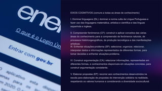 EIXOS COGNITIVOS (comuns a todas as áreas de conhecimento)
I. Dominar linguagens (DL): dominar a norma culta da Língua Portuguesa e
fazer uso das linguagens matemática, artística e científica e das línguas
espanhola e inglesa.
II. Compreender fenômenos (CF): construir e aplicar conceitos das várias
áreas do conhecimento para a compreensão de fenômenos naturais, de
processos históricogeográficos, da produção tecnológica e das manifestações
artísticas.
III. Enfrentar situações-problema (SP): selecionar, organizar, relacionar,
interpretar dados e informações representados de diferentes formas, para
tomar decisões e enfrentar situações-problema.
IV. Construir argumentação (CA): relacionar informações, representadas em
diferentes formas, e conhecimentos disponíveis em situações concretas, para
construir argumentação consistente.
V. Elaborar propostas (EP): recorrer aos conhecimentos desenvolvidos na
escola para elaboração de propostas de intervenção solidária na realidade,
respeitando os valores humanos e considerando a diversidade sociocultural.
 