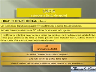 CARTA
a proposta [texto de apoio]
O DESTINO DO LIXO DIGITAL, L. Lopes
Um efeito da era digital que ninguém previu está tirando o humor dos ambientalistas.
Até 2004, deverão ser descartados 315 milhões de micros em todo o planeta.
O problema, no entanto, é maior do que o espaço que monitores ou teclados ocupam na lata do lixo.
Muitas peças eletrônicas são feitas de metais pesados, como mercúrio, níquel, cádmio, arsênico e
chumbo, com efeitos tóxicos para a saúde do ser humano.
02
[analisando o texto]
a coluna de Lopes fala sobre o uso do computador;
já no título, percebe-se que fala do lixo digital
danos à saúde do meio ambiente, advindo dos metais pesados, nocivos ao ser humano
 