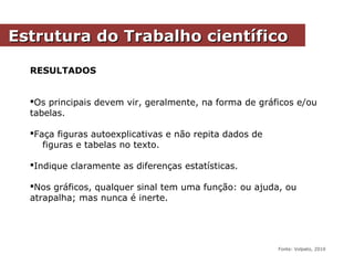 RESULTADOS
Os principais devem vir, geralmente, na forma de gráficos e/ou
tabelas.
Faça figuras autoexplicativas e não repita dados de
figuras e tabelas no texto.
Indique claramente as diferenças estatísticas.
Nos gráficos, qualquer sinal tem uma função: ou ajuda, ou
atrapalha; mas nunca é inerte.
Estrutura do Trabalho científicoEstrutura do Trabalho científico
Fonte: Volpato, 2010
 