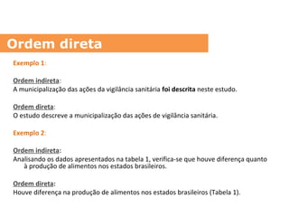 Exemplo 1:
Ordem indireta:
A municipalização das ações da vigilância sanitária foi descrita neste estudo.
Ordem direta:
O estudo descreve a municipalização das ações de vigilância sanitária.
Exemplo 2:
Ordem indireta:
Analisando os dados apresentados na tabela 1, verifica-se que houve diferença quanto
à produção de alimentos nos estados brasileiros.
Ordem direta:
Houve diferença na produção de alimentos nos estados brasileiros (Tabela 1).
Ordem direta
 