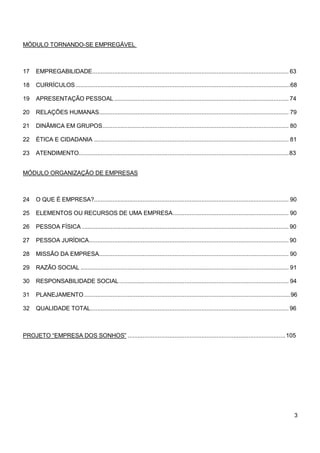 MÓDULO TORNANDO-SE EMPREGÁVEL



17    EMPREGABILIDADE ..................................................................................................................... 63

18    CURRÍCULOS ................................................................................................................................68

19    APRESENTAÇÃO PESSOAL ........................................................................................................ 74

20    RELAÇÕES HUMANAS................................................................................................................. 79

21    DINÂMICA EM GRUPOS............................................................................................................... 80

22    ÉTICA E CIDADANIA .................................................................................................................... 81

23    ATENDIMENTO............................................................................................................................. 83


MÓDULO ORGANIZAÇÃO DE EMPRESAS



24    O QUE É EMPRESA?.................................................................................................................... 90

25    ELEMENTOS OU RECURSOS DE UMA EMPRESA ..................................................................... 90

26    PESSOA FÍSICA ........................................................................................................................... 90

27    PESSOA JURÍDICA....................................................................................................................... 90

28    MISSÃO DA EMPRESA................................................................................................................. 90

29    RAZÃO SOCIAL ............................................................................................................................ 91

30    RESPONSABILIDADE SOCIAL ..................................................................................................... 94

31    PLANEJAMENTO ........................................................................................................................... 96

32    QUALIDADE TOTAL ...................................................................................................................... 96



PROJETO “EMPRESA DOS SONHOS” .............................................................................................. 105




                                                                                                                                                 3
 