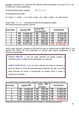 Exemplo: suponhamos um capital de R$ 5.000,00 tomado emprestado a juros de 5% a.m. por
um prazo de 5 meses capitalizados.

A fórmula utilizada seria a seguinte:     M = C . (1 + i)n

No exemplo teríamos então:

M = 5.000. ( 1 + 0,05)5     M = 5.000. (1,05)5   M = 5.000. 1,27628    M = R$ 6.381,40


Onde o Fator (1 + i)n , chamamos de Fator de acumulação de capital.
Demonstrando período a período, teremos:


período              capital R$           juros R$                 montante
                                          composto
       1          R$      5.000,00         R$ 250,00            R$       5.250,00
       2          R$      5.250,00         R$ 262,50            R$       5.512,50
       3          R$      5.512,50         R$ 275,62            R$       5.788,12
       4          R$      5.788,12         R$ 289,40            R$       6.077,52
       5          R$      6.077,52         R$ 303,88            R$ 6.381,40
Assim sendo, teremos o montante de R$ 6.381,40 para um capital inicial de R$5.000,00, o que
significa R$ 1.381,40 de juros produzidos no período pelo sistema capitalizado. A isso
chamamos capitalização.

   JUROS SIMPLES: o juro de cada intervalo de tempo sempre é
   calculado sobre o capital inicial emprestado ou aplicado.


   JUROS COMPOSTOS: o juro de cada intervalo de tempo é calculado a
   partir do saldo no início de correspondente intervalo. Ou seja: o juro de
   cada intervalo de tempo é incorporado ao capital inicial e passa a
   render juros também.



Se compararmos o exemplo anterior, calculado sob a forma de juros simples, teremos:
                                             juros R$
período                capital R$                                    montante
                                             simples
        1           R$      5.000,00       R$ 250,00            R$      5.250,00
        2           R$      5.000,00       R$ 250,00            R$      5.500,00
        3           R$      5.000,00       R$ 250,00            R$      5.750,00
        4           R$      5.000,00       R$ 250,00            R$      6.000,00
        5           R$      5.000,00       R$ 250,00            R$      6.250,00
Desta forma fica clara a diferença entre juros simples e compostos pelo exemplo.
                                                                                         49
 
