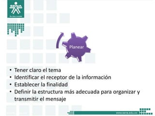 Planear



•   Tener claro el tema
•   Identificar el receptor de la información
•   Establecer la finalidad
•   Definir la estructura más adecuada para organizar y
    transmitir el mensaje
 