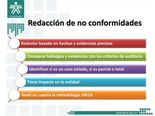 Redacción de no conformidades

Redactar basado en hechos y evidencias precisos

   Comparar hallazgos y evidencias con los criterios de auditoría

    Identificar si es un caso aislado, si es parcial o total

   Tiene impacto en la entidad

Tener en cuenta la metodología 5W1H
 