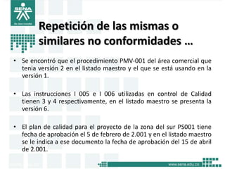 Repetición de las mismas o
        similares no conformidades …
• Se encontró que el procedimiento PMV-001 del área comercial que
  tenia versión 2 en el listado maestro y el que se está usando en la
  versión 1.

• Las instrucciones I 005 e I 006 utilizadas en control de Calidad
  tienen 3 y 4 respectivamente, en el listado maestro se presenta la
  versión 6.

• El plan de calidad para el proyecto de la zona del sur PS001 tiene
  fecha de aprobación el 5 de febrero de 2.001 y en el listado maestro
  se le indica a ese documento la fecha de aprobación del 15 de abril
  de 2.001.
 