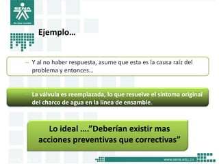 Ejemplo…


– Y al no haber respuesta, asume que esta es la causa raíz del
  problema y entonces…


– La válvula es reemplazada, lo que resuelve el síntoma original
  del charco de agua en la línea de ensamble.



       Lo ideal ….”Deberían existir mas
    acciones preventivas que correctivas”
 
