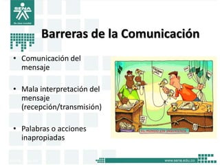 Barreras de la Comunicación
• Comunicación del
  mensaje

• Mala interpretación del
  mensaje
  (recepción/transmisión)

• Palabras o acciones
  inapropiadas
 