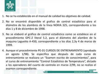 1. No se ha establecido en el manual de calidad los objetivos de calidad.
2. No se encontró disponible el grafico de control estadístico para el
   diámetro de los alambres de la línea NOKIA 325, correspondiente a los
   días 1 y 8 de diciembre de 1998.
3. No se elaboró el gráfico de control estadístico como se establece en el
   procedimiento GPC-2 literal 5.2, para el diámetro del alambre de la
   maquina Laguetto A-450, correspondiente a los días 2,3y 4 de marzo de
   1999.
4. Aunque el procedimiento PE-01 CURSOS DE ENTRENAMIENTO (aprobado
   en agosto 1/98). Se especifica que después de cada curso de
   entrenamiento se realizara un “Examen escrito de conocimientos”, para
   el curso de entrenamiento “Control Estadístico de Temperatura”, dictado
   a los operadores del cuarto de controlo en marzo 2/99, no se realizo el
   examen correspondiente.
 