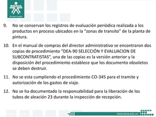 9.   No se conservan los registros de evaluación periódica realizada a los
     productos en proceso ubicados en la “zonas de transito” de la planta de
     pintura.
10. En el manual de compras del director administrativo se encontraron dos
    copias de procedimiento “DEA-90 SELECCIÓN Y EVALUACION DE
    SUBCONTRATISTAS”, una de las copias es la versión anterior y la
    disposición del procedimiento establece que los documento obsoletos
    se deben destruir.
11. No se esta cumpliendo el procedimiento CO-345 para el tramite y
    autorización de los gastos de viaje.
12. No se ha documentado la responsabilidad para la liberación de los
    tubos de aleación 23 durante la inspección de recepción.
 