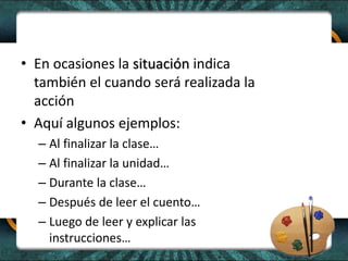 • En ocasiones la situación indica
también el cuando será realizada la
acción
• Aquí algunos ejemplos:
– Al finalizar la clase…
– Al finalizar la unidad…
– Durante la clase…
– Después de leer el cuento…
– Luego de leer y explicar las
instrucciones…
 
