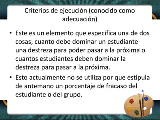 Criterios de ejecución (conocido como
adecuación)
• Este es un elemento que especifica una de dos
cosas; cuanto debe dominar un estudiante
una destreza para poder pasar a la próxima o
cuantos estudiantes deben dominar la
destreza para pasar a la próxima.
• Esto actualmente no se utiliza por que estipula
de antemano un porcentaje de fracaso del
estudiante o del grupo.
 