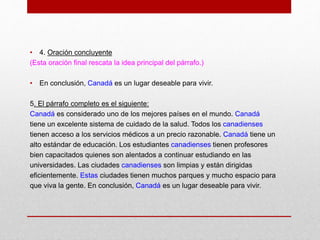 • 4. Oración concluyente
(Esta oración final rescata la idea principal del párrafo.)
• En conclusión, Canadá es un lugar deseable para vivir.
5. El párrafo completo es el siguiente:
Canadá es considerado uno de los mejores países en el mundo. Canadá
tiene un excelente sistema de cuidado de la salud. Todos los canadienses
tienen acceso a los servicios médicos a un precio razonable. Canadá tiene un
alto estándar de educación. Los estudiantes canadienses tienen profesores
bien capacitados quienes son alentados a continuar estudiando en las
universidades. Las ciudades canadienses son limpias y están dirigidas
eficientemente. Estas ciudades tienen muchos parques y mucho espacio para
que viva la gente. En conclusión, Canadá es un lugar deseable para vivir.
 