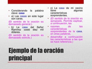 Ejemplo de la oración
principal
• Considerando la palabra
clave: casa
• a) Las casas en este lugar
son caras.
(El sentido de la oración es
demasiado general.).
• b) La casa del Señor
Ramírez costó diez mil
dólares.
(El sentido de la oración es
demasiado estricto.)
• c) La casa de mi vecino
tiene algunas
características
sorprendentes.
• (El sentido de la oración es
apropiado. Permite explicar,
a continuación, las
• razones de las
características
sorprendentes de la casa,
en otras palabras,
• desarrollar a continuación
las características a las que
se hace referencia.)
 
