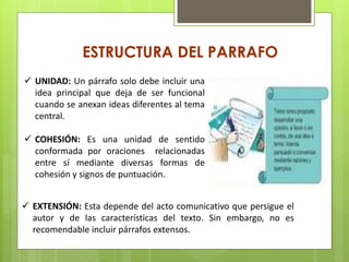 ESTRUCTURA DEL PARRAFO
 UNIDAD: Un párrafo solo debe incluir una
idea principal que deja de ser funcional
cuando se anexan ideas diferentes al tema
central.
 COHESIÓN: Es una unidad de sentido
conformada por oraciones relacionadas
entre sí mediante diversas formas de
cohesión y signos de puntuación.
 EXTENSIÓN: Esta depende del acto comunicativo que persigue el
autor y de las características del texto. Sin embargo, no es
recomendable incluir párrafos extensos.
 