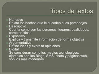 Narrativo
Relata los hechos que le suceden a los personajes.
 Descriptivo
Cuenta como son las personas, lugares, cualidades,
características.
 Expositivo
Explica y transmite información de forma objetiva
 Argumentativo
Define ideas y expresa opiniones.
 Digital
Se consideran como los medios tecnológicos,
ejemplos son los Blogs, SMS, chats y paginas web,
son los mas modernos.
 