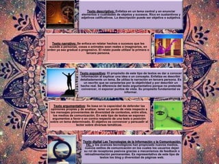 Texto descriptivo: Enfatiza en un tema central y en enunciar
elementos o cualidades de objetos y sucesos. Rico en sustantivos y
adjetivos calificativos. La descripción puede ser objetiva o subjetiva.
Texto narrativo: Se enfoca en relatar hechos o sucesos que les
sucede a personas, cosas o animales sean reales o imaginarios, en
orden ya sea gradual o progresivo. El relato puede utilizar la primera o
tercera persona.
Texto expositivo: El propósito de este tipo de textos es dar a conocer
información al explicar una idea o un concepto. Enfatiza es describir
detalladamente un tema. Se utiliza la narración en tercera persona. Es
un escrito que se caracteriza por la objetividad y por describir un
hecho real. Se diferencia del texto argumentativo porque no pretende
convencer, ni exponer puntos de vista. Su propósito fundamental es
informar.
Texto argumentativo: Se basa en la capacidad de defender las
opiniones propias y de analizar, tener un punto de vista respecto a
los mensajes provenientes de diversidad de contextos, entre ellos,
los medios de comunicación. En este tipo de textos se exponen
argumentos a favor o en contra respecto de una tesis o posición
sobre un tema determinado. El objetivo es convencer y persuadir al
lector sobre diversas temáticas.
Texto digital Las Tecnologías de la Información y la Comunicación,
TIC, y los avances tecnológicos han propiciado nuevos medios,
nuevos estilos de comunicación en los cuales los usuarios dejan
su rol de receptores pasivos gracias a mecanismos de feedback o
retroalimentación permanentes. Es representativo de este tipo de
textos los blog y diversidad de páginas web.
 