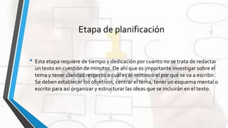 Etapa de planificación
• Esta etapa requiere de tiempo y dedicación por cuanto no se trata de redactar
un texto en cuestión de minutos. De ahí que es importante investigar sobre el
tema y tener claridad respecto a cuál es el motivo o el por qué se va a escribir.
Se deben establecer los objetivos, centrar el tema, tener un esquema mental o
escrito para así organizar y estructurar las ideas que se incluirán en el texto.
 