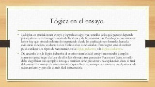 Lógica en el ensayo.
• La lógica es crucial en un ensayo y lograrla es algo más sencillo de lo que parece: depende
principalmente de la organización de las ideas y de la presentación. Para lograr convencer al
lector hay que proceder de modo organizado desde las explicaciones formales hasta la
evidencia concreta, es decir, de los hechos a las conclusiones. Para lograr esto el escritor
puede utilizar dos tipos de razonamiento: la lógica inductiva o la lógica deductiva.
• De acuerdo con la lógica inductiva el escritor comienza el ensayo mostrando ejemplos
concretos para luego deducir de ellos las afirmaciones generales. Para tener éxito, no sólo
debe elegir bien sus ejemplos sino que también debe presentar una explicación clara al final
del ensayo. La ventaja de este método es que el lector participa activamente en el proceso de
razonamiento y por ello es más fácil convencerle.
 