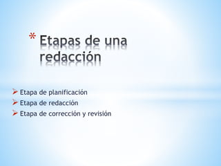  Etapa de planificación
 Etapa de redacción
 Etapa de corrección y revisión
*
 