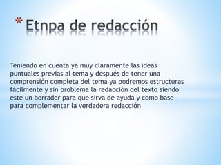 Teniendo en cuenta ya muy claramente las ideas
puntuales previas al tema y después de tener una
comprensión completa del tema ya podremos estructuras
fácilmente y sin problema la redacción del texto siendo
este un borrador para que sirva de ayuda y como base
para complementar la verdadera redacción
*
 