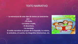 TEXTO NARRATIVO
• La estructura de este tipo de textos se caracteriza
por:
- El título,
- La trama o nudo,
- El desenlace,
- La moraleja
El estilo narrativo es propio de la leyenda, la crónica,
la anécdota, el cuento, las biografías (memorias), etc.
 