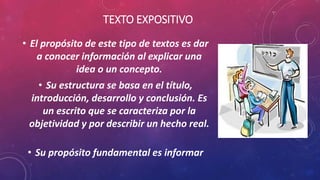 TEXTO EXPOSITIVO
• El propósito de este tipo de textos es dar
a conocer información al explicar una
idea o un concepto.
• Su estructura se basa en el título,
introducción, desarrollo y conclusión. Es
un escrito que se caracteriza por la
objetividad y por describir un hecho real.
• Su propósito fundamental es informar
 