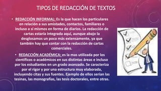 TIPOS DE REDACCIÓN DE TEXTOS
• REDACCIÓN INFORMAL: Es la que hacen los particulares
en relación a sus amistades, contactos, familiares o
incluso a sí mismos en forma de diarios. La redacción de
cartas estaría integrada aquí, aunque abajo la
desglosamos un poco más extensamente, ya que
también hay que contar con la redacción de cartas
comerciales.
• REDACCIÓN ACADÉMICA: es la mas utilizada por los
científicos o académicos en sus distintas áreas e incluso
por los estudiantes en un grado avanzado. Se caracteriza
por el rigor y por una estructura muy elaborada,
incluyendo citas y sus fuentes. Ejemplo de ellos serían las
tesinas, las monografías, las tesis doctorales, entre otras.
 