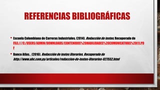 REFERENCIAS BIBLIOGRÁFICAS
• Escuela Colombiana de Carreras Industriales. (2014). Redacción de textos. Recuperado de
FILE:///C:/USERS/ADMIN/DOWNLOADS/CONTENIDOS%20HABILIDADES%20COMUNICATIVAS%20(1).PD
F
• Banco Atlas. . (2016). Redacción de textos literarios. Recuperado de
http://www.abc.com.py/articulos/redaccion-de-textos-literarios-927552.html
 