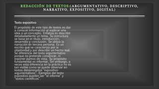 ( A RGUMENTATIV O, D E S CRIP TIV O,
NA RRATIVO, E X P OSITIVO, DI GITAL)
Texto expositivo
El propósito de este tipo de textos es dar
a conocer información al explicar una
idea o un concepto. Enfatiza es describir
detalladamente un tema. Su estructura
se basa en el título, introducción,
desarrollo y conclusión. Se utiliza la
narración en tercera persona. Es un
escrito que se caracteriza por la
objetividad y por describir un hecho real.
Se diferencia del texto argumentativo
porque no pretende convencer, ni
exponer puntos de vista. Su propósito
fundamental es informar. Sin embargo, a
veces esta diferencia en la práctica no es
tan visible como se puede observar en
textos denominados “expositivo-
argumentativos”. Ejemplos del texto
expositivo pueden ser “el informe” y
“textos científicos”.
 